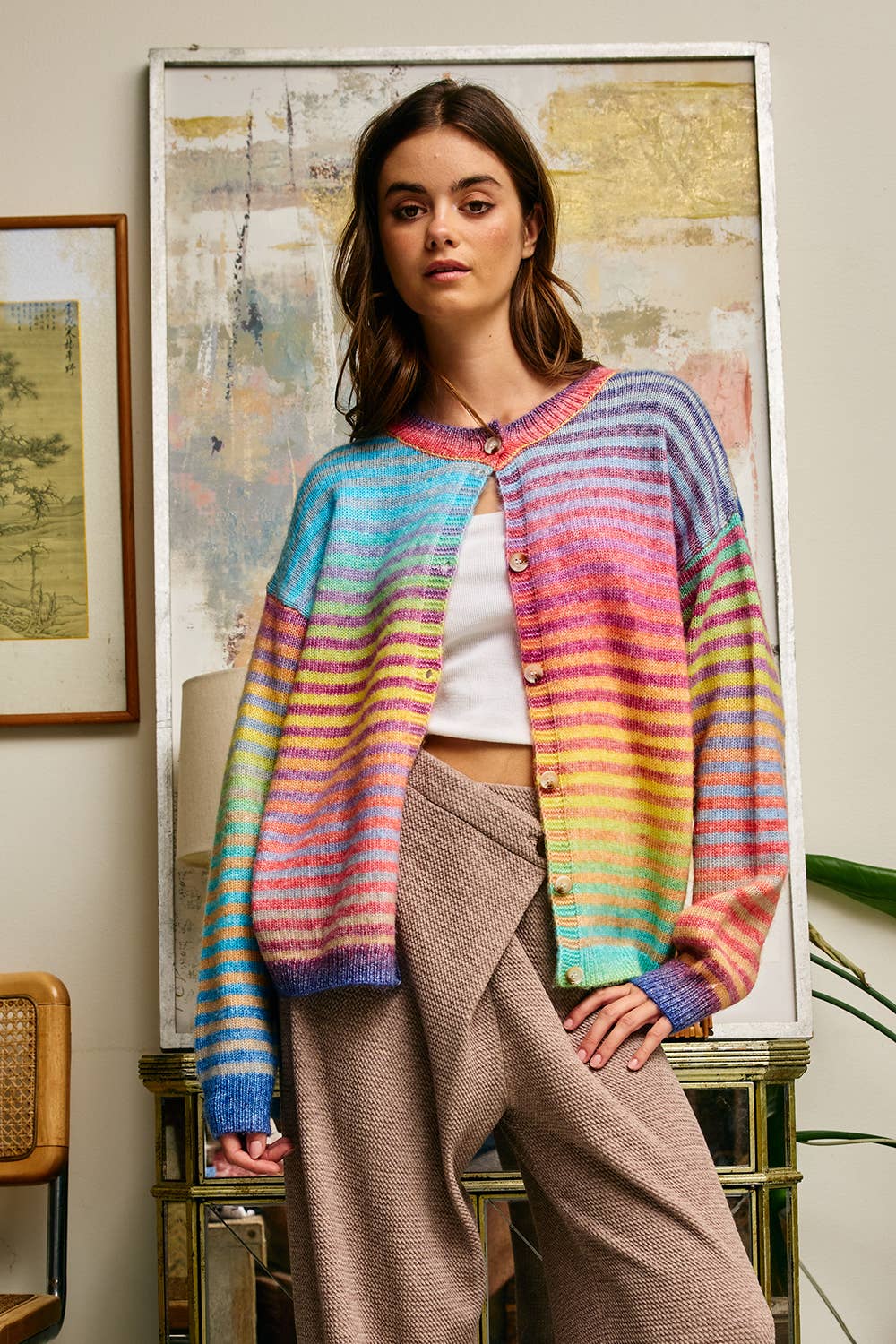 Space-Dye Striped Button-Down Cardigan: RAINBOW