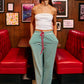 Contrast Drawstring Wide Leg Striped Lounge Pants: GREEN/IVORY