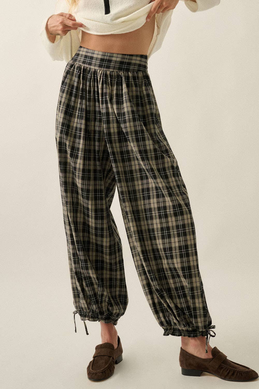 Bailey Plaid High-Waist Wide-Leg Pocket Balloon Pants