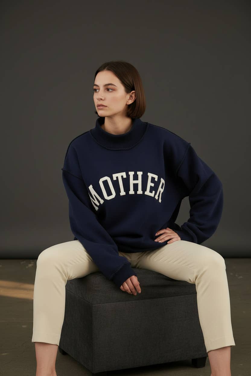 'MOTHER' Embroidered Mock Neck Sweatshirt