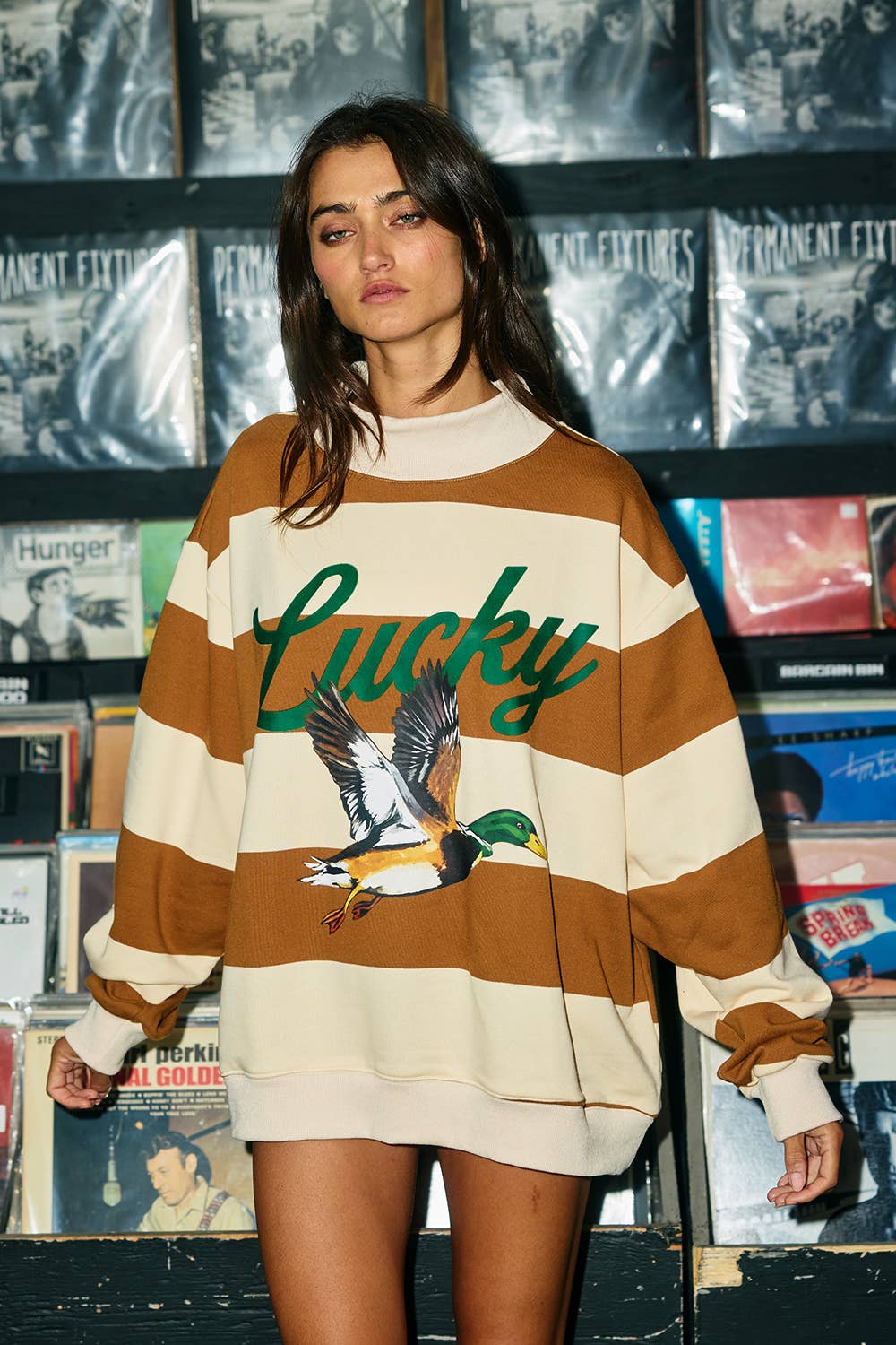 ** Preorder**Lucky Mallard Duck Mock-Neck Sweatshirt Camel