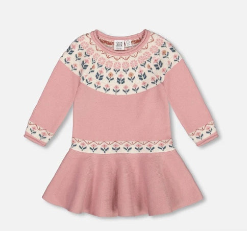 Knit Dress With Round Intarsia Flowers Light Pink