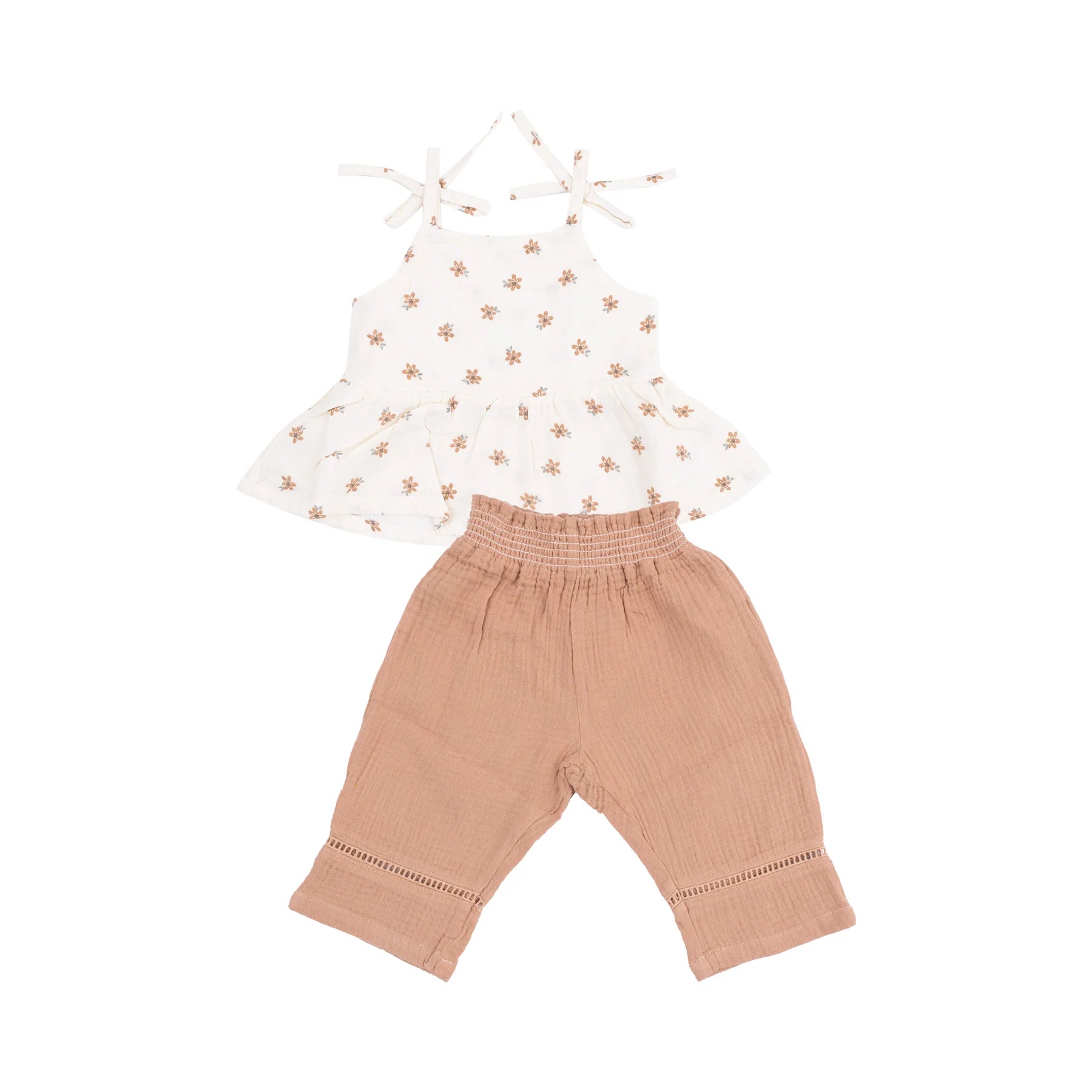 Peplum Tank with Smocked Back and Smocked Waist Pants with Ladder Trim - Bitty Blooms - Angel Dear