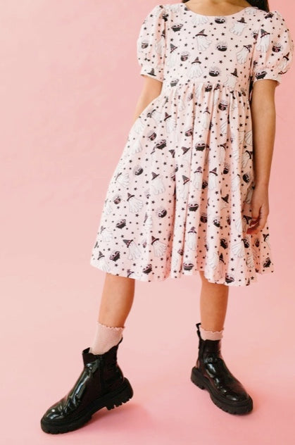 Puff Dress in Pink Cauldron | Girls Halloween Dress - Ollie Jay