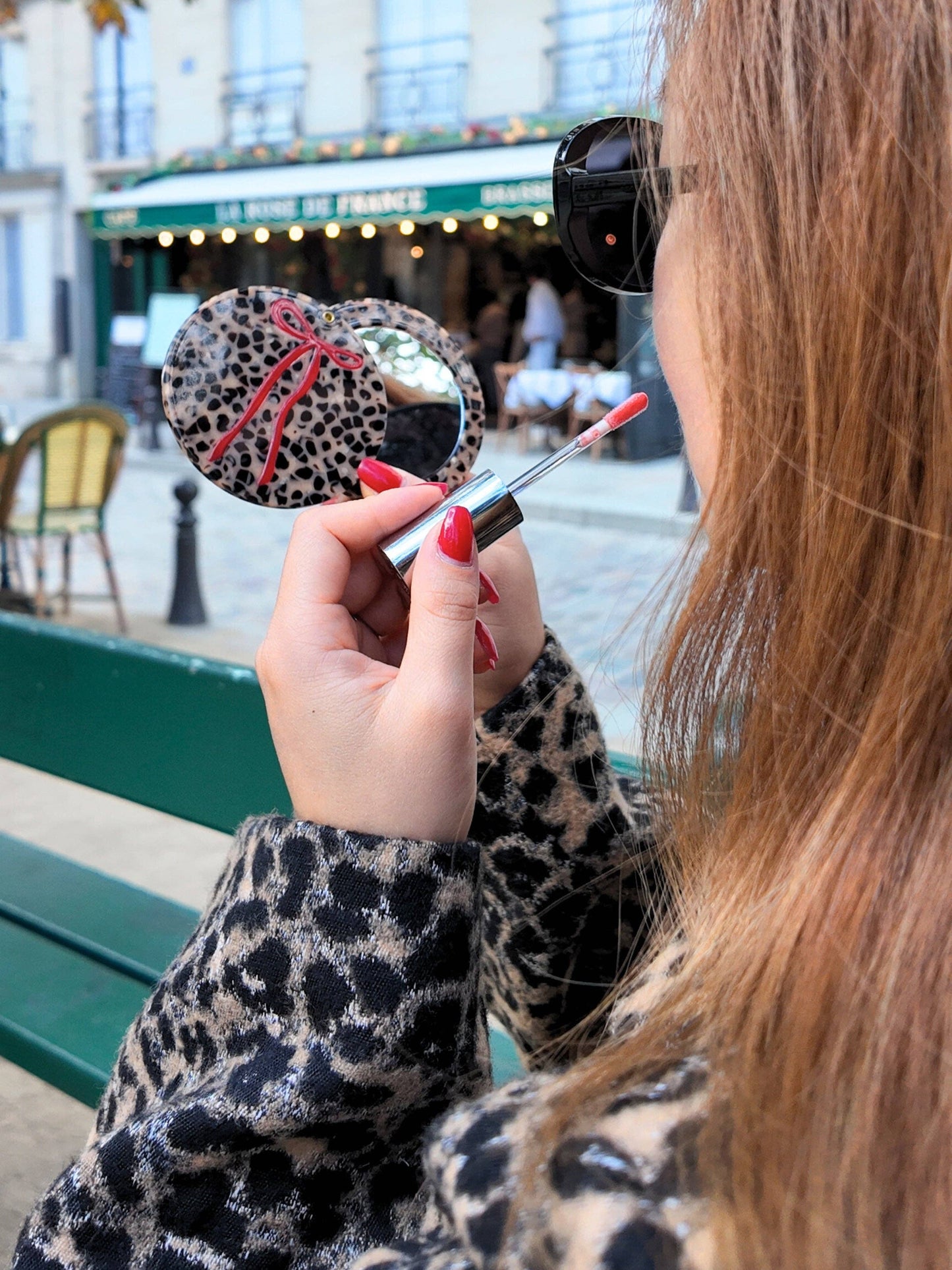 Hand-painted Leopard Bow Compact Mirror | Eco-Friendly