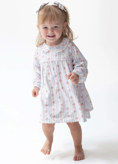 Long Sleeve Peter Pan Ruffle Collar Dress and Bloomer- Anna Floral Stripe