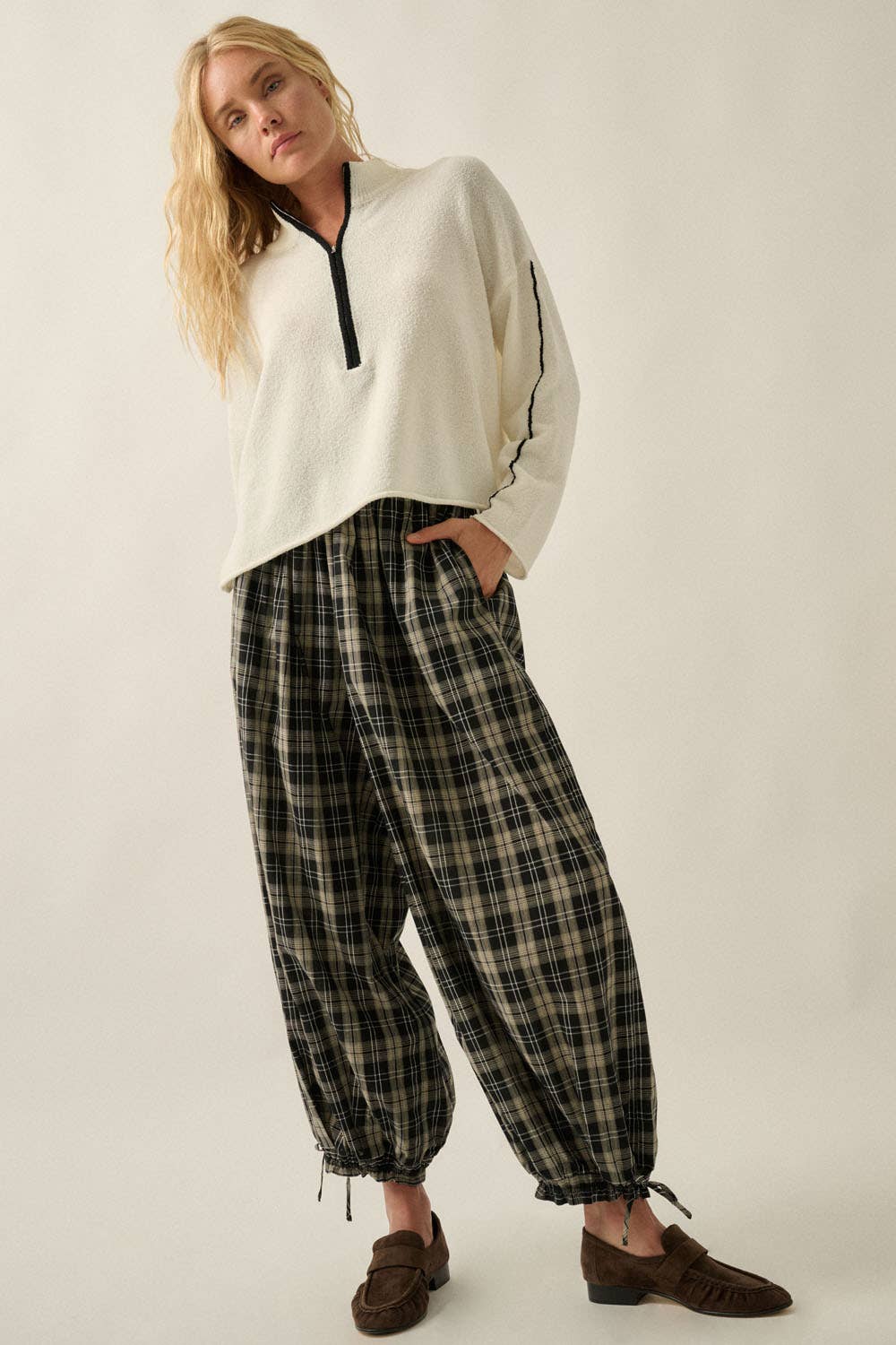 Bailey Plaid High-Waist Wide-Leg Pocket Balloon Pants