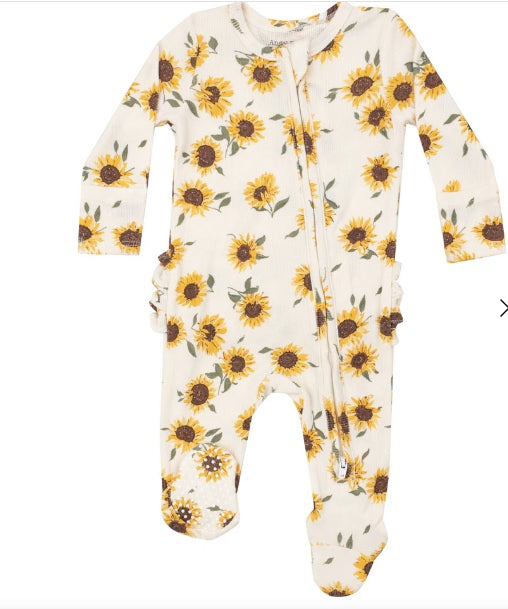 Ribbed Ruffle Zip Footie-Baby Sunflowers