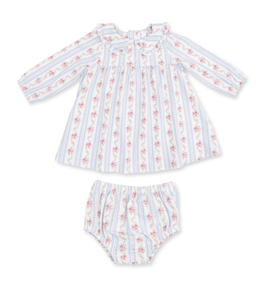 Long Sleeve Peter Pan Ruffle Collar Dress and Bloomer- Anna Floral Stripe