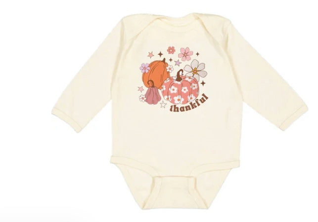 Thankful Pumpkin Daisy Thanksgiving Long Sleeve Bodysuit - Natural