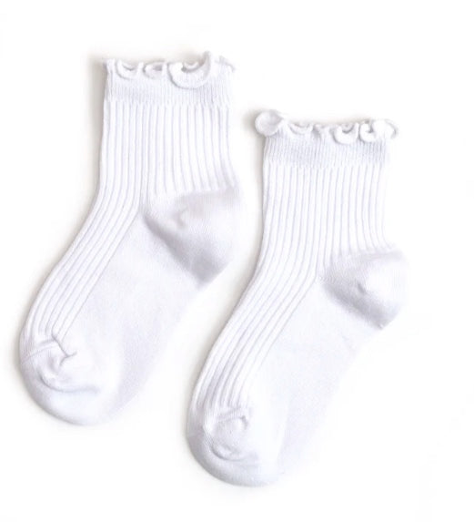 Ribbed Lettuce Trim Midi Socks - White - Little Stocking Company