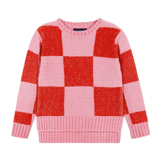 Chenille Checker Sweater- Pink & Red - Andy & Evan