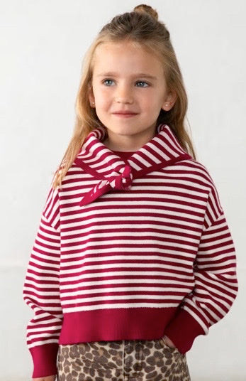 Girl Striped Sweater With Scarf- Red Stripes