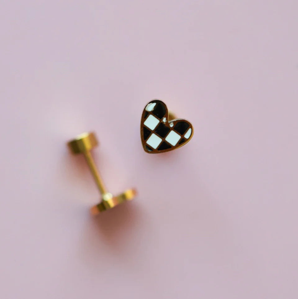 Checked Hearts Earrings - Pierced