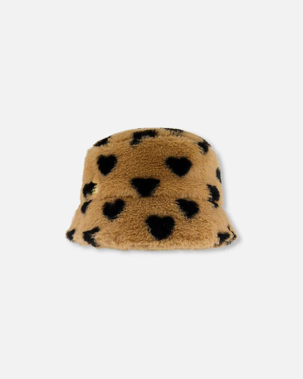 Faux Fur Bucket Hat Caramel Printed Heart - Deux Par Deux