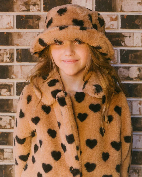 Faux Fur Bucket Hat Caramel Printed Heart - Deux Par Deux