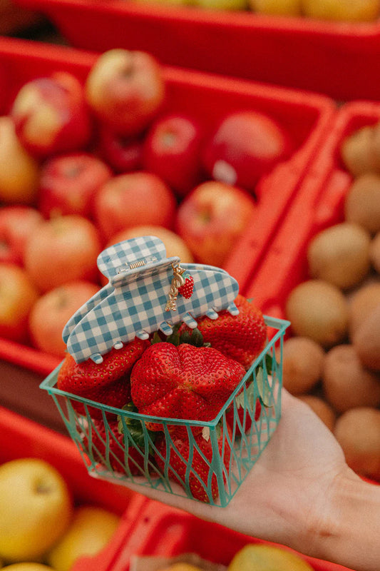BLUE GINGHAM STRAWBERRY CHARM CLAW-MIDI - KAXI