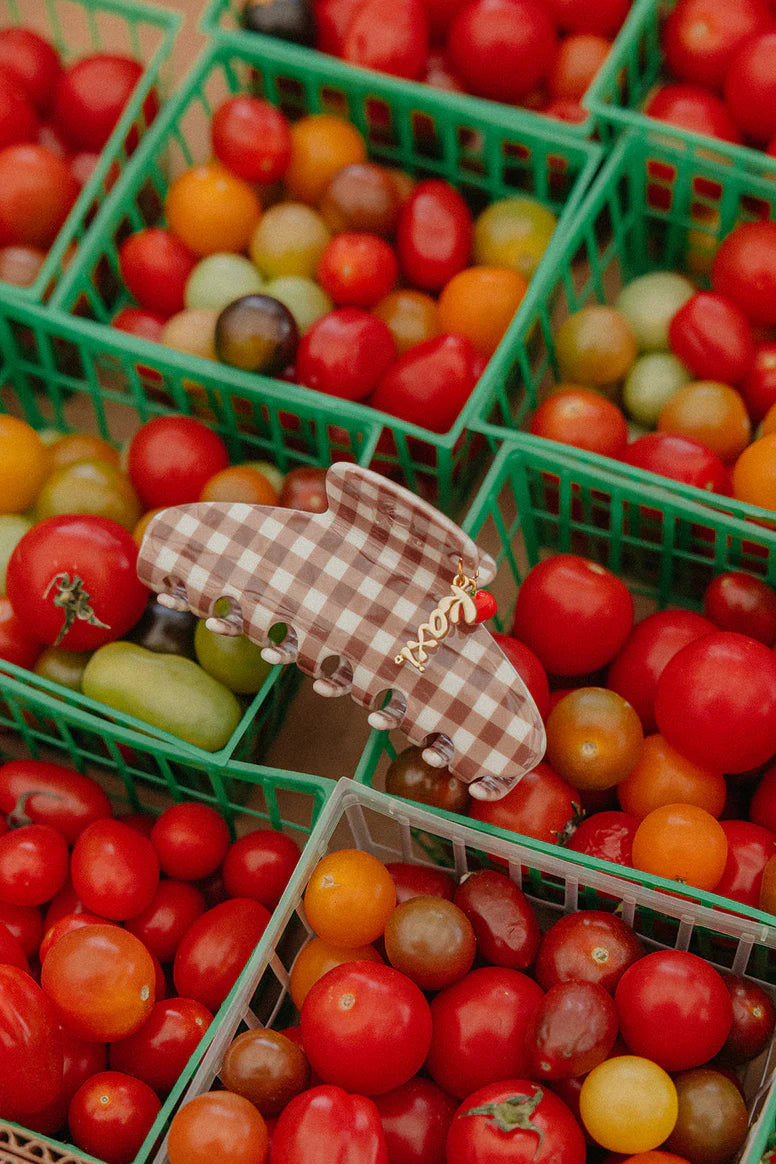 BROWN GINGHAM TOMATO CHARM CLAW-MIDI - KAXI