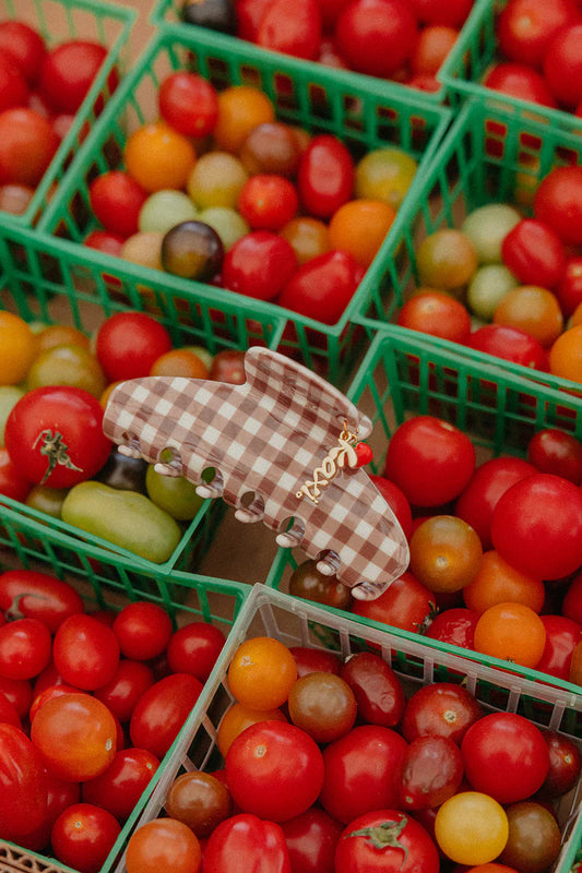 BROWN GINGHAM TOMATO CHARM CLAW-MIDI - KAXI