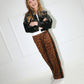 Leopard Print Sequin Trim Wide Leg Track Pants