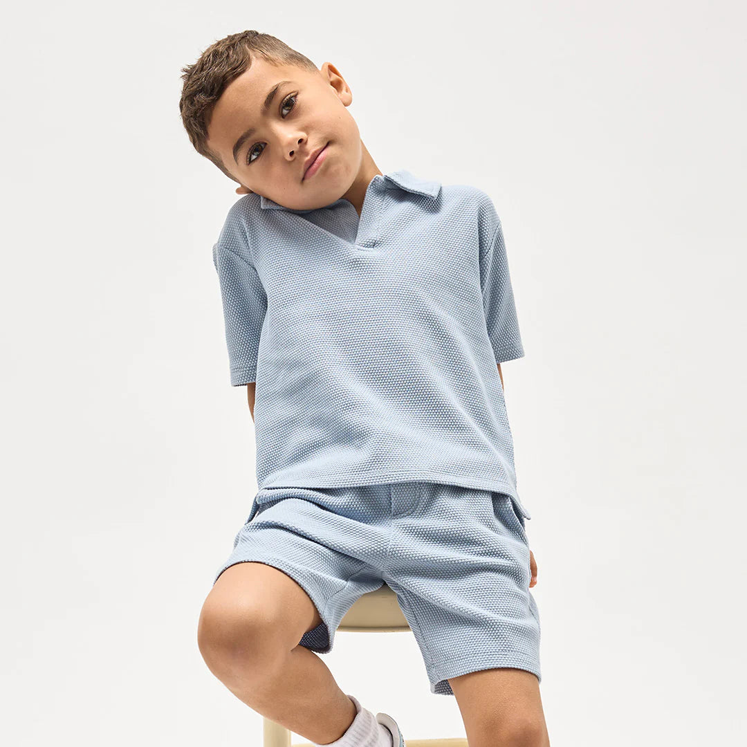 Polo Top & Knit Shorts - Dusty Blue - Baby Sweet Pea's Boutique