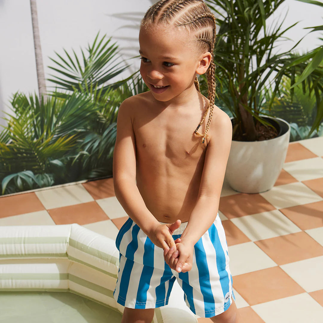 Striped Bluejay & White Swim Trunks