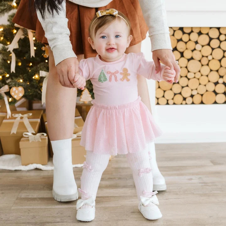 Gingerbread Embroidered Christmas Long Sleeve Tutu Bodysuit