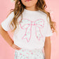 Sky Blue Floral Bow Patch Short Sleeve T-Shirt - White - Sweet Wink
