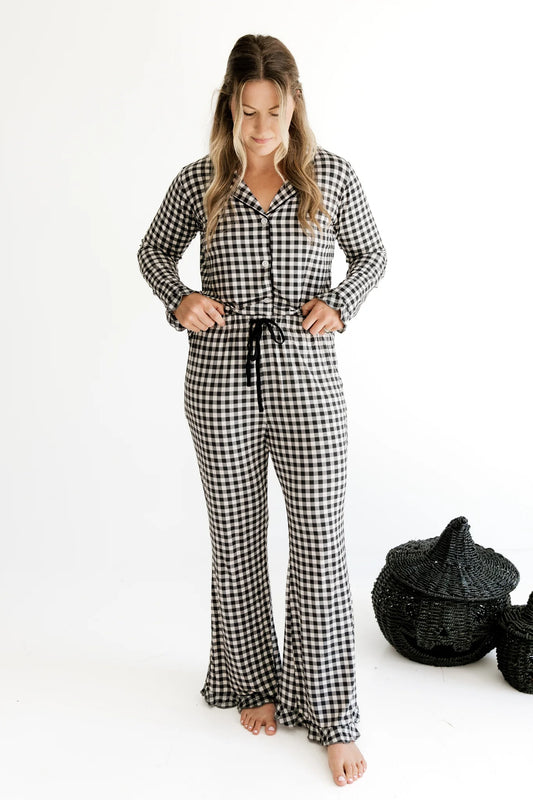 Black and Cream Gingham Women's Long Sleeve Ruffle Set