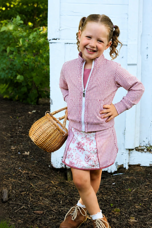 Zip Up Skort Set- Floral Gingham 3 Piece Set