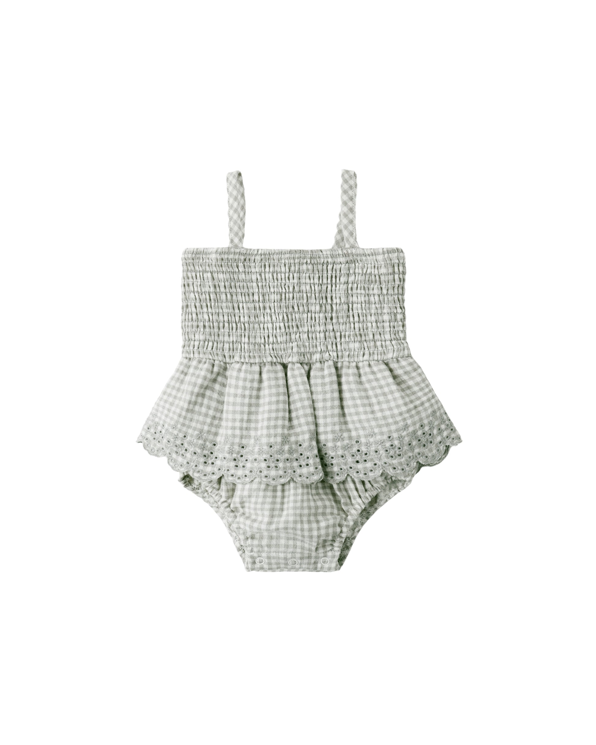 Smocked Skirted Romper || Sage Gingham - Baby Sweet Pea's Boutique