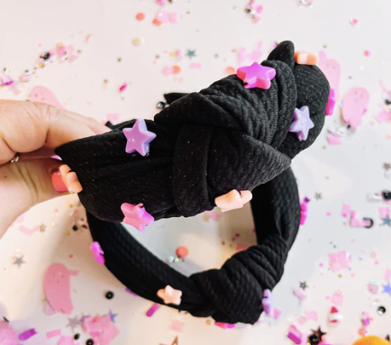 Black with Lilac Pink Orange Beaded Stars Knotted Headband for Girls & Women - Evie Pearl