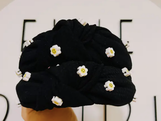 Solid Black Daisy Beads Knotted Headband For Girls & Adults - Evie Pearl