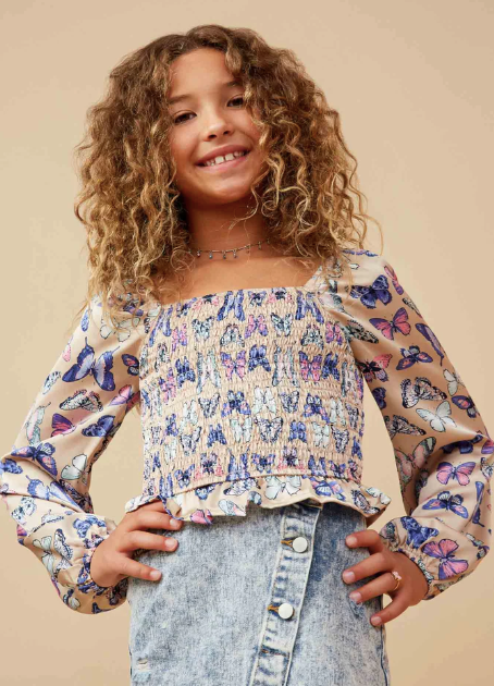 Satin Butterfly Print Smocked Long Sleeve Top