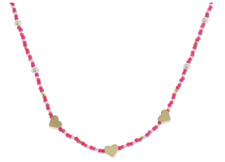 KIDS MULTI PINK WITH PEARL ACCENTS BEADED WITH GOLD HEART BEAD STATIONS NECKLACE - Jane Marie