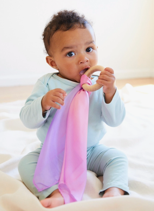Natural Baby Teether - 100% Mulberry Silk and Maple Ring