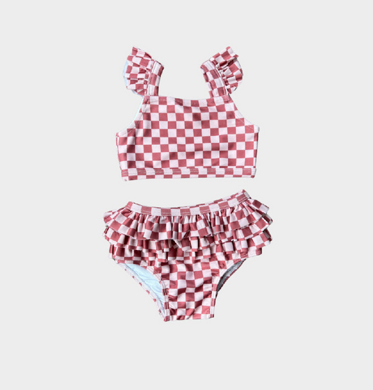Two Piece Ruffle Strawberry Checked Swim Suit