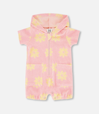 Terry Cloth Hooded Romper Pink Printed Daisies