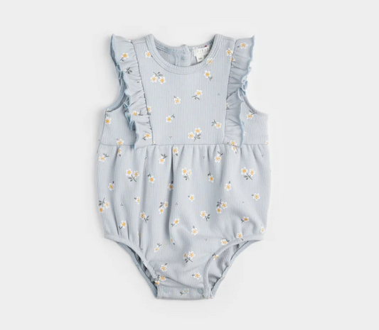 Daisy Print on Ribbed Pearl Blue Bubble Romper