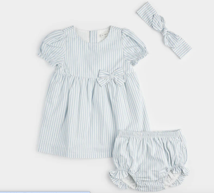 Celestial Blue Yarn-Dyed Striped Woven Dress Set (3 pc) - Baby Sweet Pea's Boutique