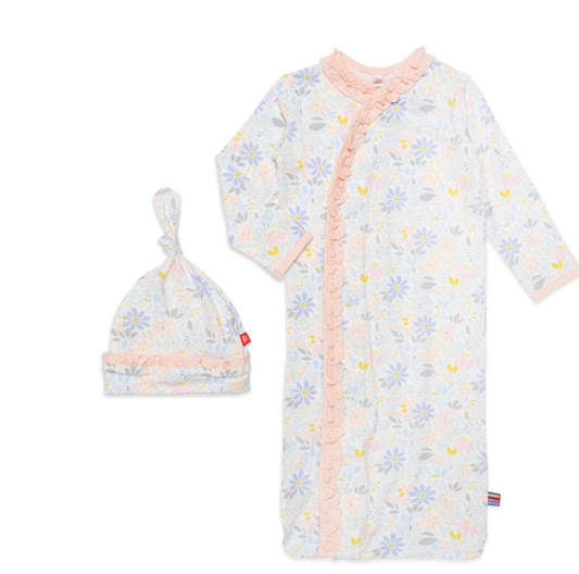 darby modal magnetic cozy sleeper gown + hat set with ruffles