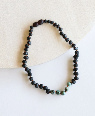 Raw Black Amber + Turquoise Jasper Necklace 11 Inches