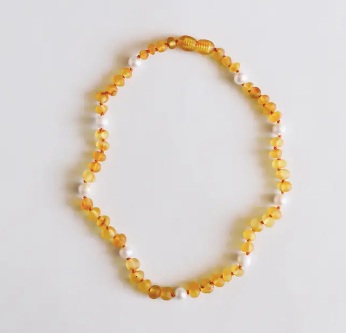 Raw Honey Amber + Pearl Halo Necklace 11 inches