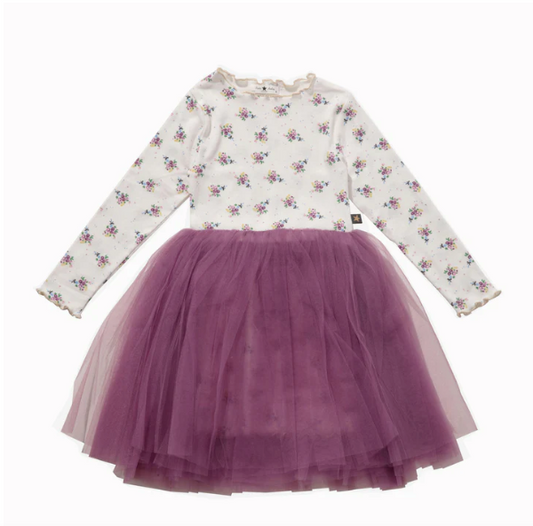 Long Sleeve Vintage Tutu Dress in Plum Bouquets