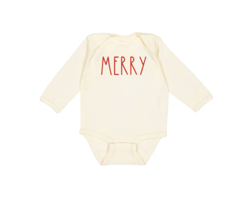 Merry Doodle Christmas Long Sleeve Bodysuit - Natural