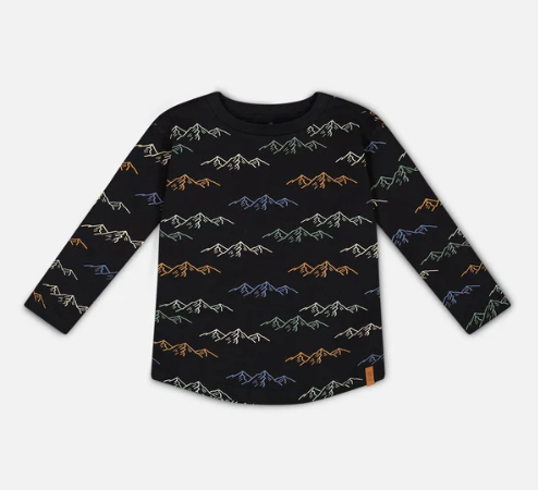 Long Sleeve Printed T-Shirt Black Printed Mountains - Deux Par Deux