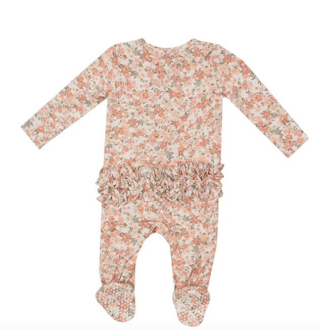 2 Way Ruffle Zipper Footie, Sweet Rose Calico