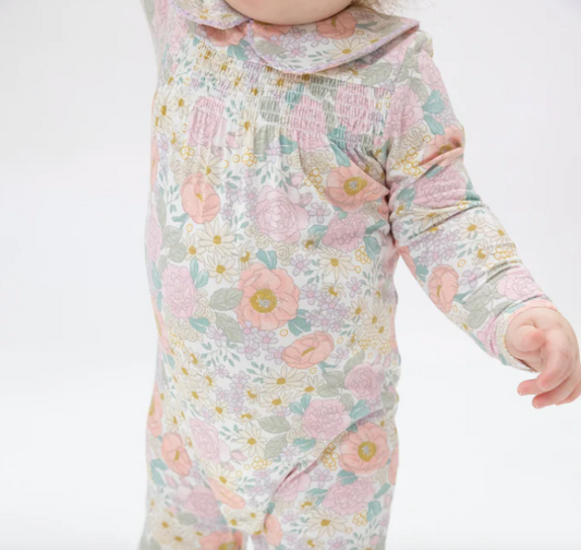 Smocked Peter Pan Footie Peonies & Roses