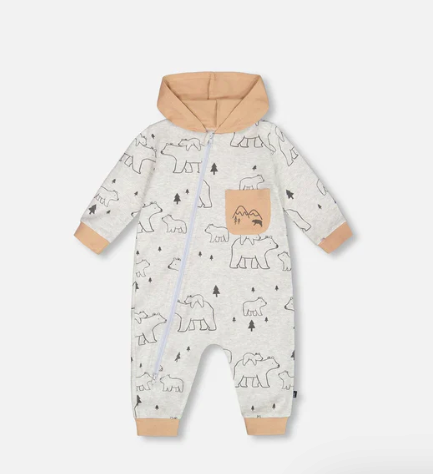 Organic Cotton Hooded Jumpsuit Gray Mix Printed Bears