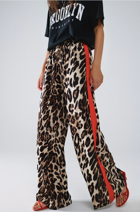 Leopard Straight Pants with Red Stripes Down the Sides